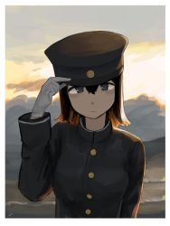 Rule 34 | 1girl, 4me 4ma, akitsu maru (kancolle), black hair, black hat, border, breasts, closed mouth, cloud, gloves, grey eyes, hair between eyes, hat, kantai collection, long sleeves, military, military uniform, outdoors, peaked cap, signature, sky, solo, uniform, water, white border, white gloves