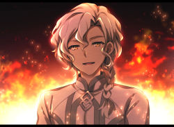 Rule 34 | 1boy, :d, braid, brown eyes, eyebrows hidden by hair, fate/grand order, fate (series), fire, grey hair, hair between eyes, hair over shoulder, highres, jacket, letterboxed, looking at viewer, male focus, marisbury animusphere, open mouth, single braid, smile, solo, tachitsu teto, upper body, white jacket
