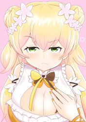 Rule 34 | 1girl, :t, puff of air, absurdres, angry, arm garter, bare shoulders, bell, blonde hair, bow, bowtie, breasts, cleavage, cleavage cutout, clothing cutout, commentary, double bun, flower, frilled shirt, frills, green eyes, hair bun, hair flower, hair ornament, highres, hololive, jingle bell, large breasts, light blush, long hair, momosuzu nene, multicolored neckwear, nail polish, neck bell, orange nails, parted bangs, pout, raised eyebrow, shibainuwp06, shirt, sleeveless, sleeveless shirt, solo, two side up, upper body, virtual youtuber