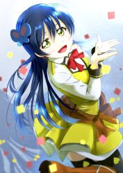 Rule 34 | 1girl, amamiya (re-amamiya), black thighhighs, blue hair, blush, butterfly hair ornament, commentary, confetti, dancing, earrings, hair ornament, hands up, heart, heart earrings, highres, jewelry, leg up, long hair, long sleeves, looking at viewer, love live!, love live! school idol project, neck ribbon, open mouth, red ribbon, ribbon, smile, solo, sonoda umi, spade (shape), sunny day song, swept bangs, thighhighs, yellow eyes