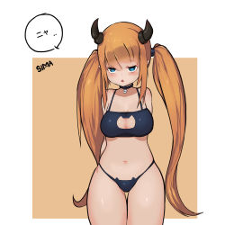 Rule 34 | 1girl, absurdres, blue eyes, breasts, cleavage, cleavage cutout, clothing cutout, highres, horns, large breasts, long hair, meme attire, orange hair, original, pointy ears, sima (startwitch), solo, twintails, very long hair