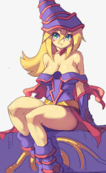 Rule 34 | 1girl, bad id, bad pixiv id, bare shoulders, blonde hair, blue footwear, blush, blush stickers, boots, bracer, breasts, cape, choker, cleavage, dark magician girl, detached sleeves, duel monster, green eyes, grey background, hat, jewelry, large breasts, long hair, metata, pendant, simple background, sitting, skirt, smile, thighs, wizard hat, yu-gi-oh!, yu-gi-oh! duel monsters, yuu-gi-ou
