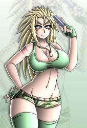 Rule 34 | 1girl, blonde hair, blush, breasts, cleavage, comb, dog tags, fingerless gloves, gender request, genderswap, gloves, green thighhighs, guile, highres, large breasts, long hair, midriff, narrow waist, navel, shirt, short shorts, shorts, solo, street fighter, takilmar, tank top, taut clothes, taut shirt, thighhighs