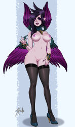 Rule 34 | 1girl, bare shoulders, black footwear, black hair, black thighhighs, cleft of venus, fingernails, groin, highleg, highres, league of legends, morgana (league of legends), nail polish, navel, nipples, pink eyes, pointy ears, pussy, red lips, sharp fingernails, shiny skin, smile, solo, teeth, thighhighs, wings, xinaelle