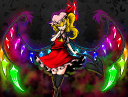 Rule 34 | 1girl, ascot, black background, black thighhighs, blonde hair, boots, brown footwear, commentary, crystal, fang, flandre scarlet, frilled skirt, frills, hair ribbon, herushiart, highres, holding, laevatein (touhou), looking at viewer, medium hair, one side up, rainbow order, red eyes, red ribbon, red skirt, red vest, ribbon, shirt, short sleeves, skin fang, skirt, solo, thighhighs, touhou, vest, white shirt, wings, yellow ascot