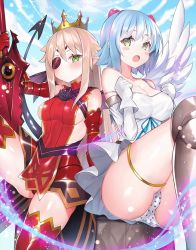 Rule 34 | 2girls, aldra (queen&#039;s blade), aldra (queen&#039;s blade unlimited), angel wings, armor, armored dress, ass, asymmetrical wings, blue hair, blue sky, breasts, chemise, cloud, cloudy sky, crotch seam, crown, day, demon girl, demon tail, demon wings, elbow gloves, eyepatch, gauntlets, gloves, greaves, green eyes, hair bobbles, hair ornament, large breasts, long hair, looking at viewer, multiple girls, nanael (queen&#039;s blade), nanael (queen&#039;s blade unlimited), open mouth, outdoors, panties, platinum blonde hair, pointy ears, polka dot, polka dot panties, queen&#039;s blade, queen&#039;s blade unlimited, queen&#039;s blade white triangle, red legwear, short hair, sidelocks, sitting, sky, small breasts, sword, tail, thigh strap, thighhighs, underwear, very long hair, weapon, white gloves, white panties, white wings, wings