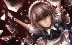 Rule 34 | 1girl, ace (playing card), ace of hearts, apron, blood, blood on clothes, bloody knife, blue dress, braid, card, collared shirt, dress, foreshortening, frilled dress, frills, grey hair, heart, highres, izayoi sakuya, king (playing card), king of spades, knife, lips, looking at viewer, maid, maid apron, maid headdress, muted color, noratama-nyan, perspective, playing card, pov, red background, red eyes, reflection, ribbon, roman numeral, shirt, short hair, sleeveless, sleeveless dress, smile, solo, sparkle, touhou, twin braids, white shirt, wrist cuffs