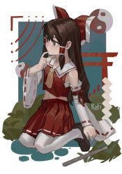Rule 34 | 1girl, :/, artist name, ascot, bare shoulders, blue background, border, bow, brown eyes, brown footwear, brown hair, bush, collared shirt, detached sleeves, finger to mouth, from side, full body, hair bow, hakurei reimu, hand up, highres, huge bow, kneeling, kofi-mo, long hair, long sleeves, low-tied sidelocks, midriff, miniskirt, orb, outside border, pantyhose, pleated skirt, red bow, red shirt, red skirt, ribbon-trimmed sleeves, ribbon trim, shirt, signature, skirt, sleeveless, sleeveless shirt, solo, torii, touhou, white border, white pantyhose, white sleeves, wide sleeves, yellow ascot, yin yang, yin yang orb