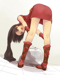 Rule 34 | 1girl, back, bag, boots, brown eyes, brown hair, fire emblem, fire emblem: thracia 776, knee boots, lara, long hair, nonji (sayglo halo), open mouth, ponytail, red footwear, solo, teeth