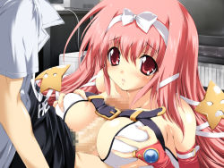 Rule 34 | 1boy, 1girl, bare shoulders, belt, blush, breast hold, breasts squeezed together, breasts, censored, endou ifrina, figu@mate, game cg, hair ribbon, hetero, long hair, mitsuki mantarou, open mouth, paizuri, penis, pink hair, red eyes, ribbon, solo focus