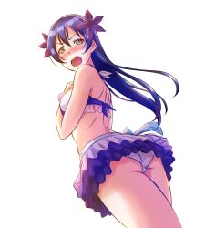 Rule 34 | 1girl, artist name, artist request, bare legs, bare shoulders, bikini, bikini skirt, blue bow, blue hair, blush, bow, breasts, cleavage, collarbone, earrings, embarrassed, female focus, flower, frilled bikini, frills, from behind, hair between eyes, hair flower, hair ornament, hairband, highres, jewelry, long hair, looking at viewer, looking back, love live!, love live! school idol project, medium breasts, natsuiro egao de 1 2 jump!, navel, necklace, parted lips, pink scrunchie, purple bikini, purple flower, purple scrunchie, scrunchie, smile, solo, sonoda umi, swimsuit, white background, white bikini, white hairband, wrist scrunchie, yellow eyes