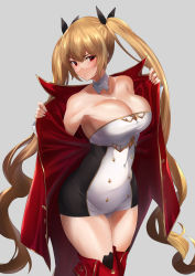 Rule 34 | 1girl, absurdres, azur lane, bare shoulders, black ribbon, blonde hair, blush, boots, breasts, cleavage, collarbone, curvy, detached collar, dress, epaulettes, grey background, hair ribbon, highres, hotate-chan, jacket, large breasts, long hair, long sleeves, looking at viewer, nelson (azur lane), open clothes, open jacket, panties, red eyes, red footwear, ribbon, short dress, sidelocks, simple background, solo, strapless, strapless dress, sweatdrop, thigh boots, thighhighs, tsurime, tube dress, twintails, underwear, very long hair, white panties