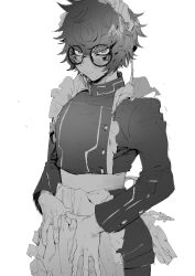 Rule 34 | 1boy, alternate costume, apron, closed mouth, commentary request, cowboy shot, crossdressing, embarrassed, enmaided, frilled apron, frills, glasses, greyscale, hair between eyes, highres, jacket, long sleeves, looking at viewer, maid, maid headdress, male focus, male maid, master detective archives: rain code, monochrome, na 6, round eyewear, short hair, simple background, solo, standing, waist apron, white background, zilch alexander