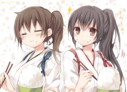 Rule 34 | &gt;:&gt;, 10s, 2girls, :&gt;, :i, = =, akagi (kancolle), alternate hairstyle, bowl, breasts, brown hair, chopsticks, commentary request, downscaled, eating, closed eyes, floral background, food, food on face, hair up, japanese clothes, kaga (kancolle), kantai collection, komeshiro kasu, large breasts, long hair, matching hairstyle, md5 mismatch, multiple girls, no armor, red eyes, resized, rice, rice bowl, rice on face, short hair, side ponytail, tasuki, twitter username, upper body, v-shaped eyebrows