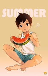 Rule 34 | 1boy, :t, ?, barefoot, black eyes, black hair, eating, food, food on face, fruit, gradient background, indian style, looking at viewer, male focus, noeyebrow (mauve), original, short hair, shorts, sitting, solo, summer, tan, tank top, tanline, watermelon