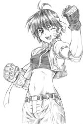 Rule 34 | 00s, 1girl, ;d, antenna hair, arm up, bandaid, bandaid on face, belt, blush, breasts, clenched hands, covered erect nipples, cowboy shot, crop top, cropped jacket, g-tetsu, greyscale, headband, looking at viewer, lyrical nanoha, mahou shoujo lyrical nanoha, mahou shoujo lyrical nanoha strikers, medium breasts, midriff, monochrome, one eye closed, open mouth, pants, revolver knuckle, short hair, simple background, sketch, smile, solo, subaru nakajima, teeth