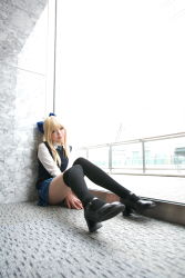 Rule 34 | 1girl, asian, black footwear, black thighhighs, blonde hair, blue eyes, blue ribbon, blurry, bow, breasts, character request, color contacts, cosplay, depth of field, dress shirt, hair bow, head tilt, high heels, highres, indoors, light smile, looking at viewer, mary janes, miniskirt, namada, necktie, on floor, photo (medium), plaid, plaid skirt, pleated skirt, ribbon, rug, school uniform, shirt, shoes, sitting, skirt, small breasts, solo, sweater vest, thighhighs, white shirt, window, zettai ryouiki