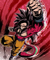 Rule 34 | 1boy, arm up, black hair, body fur, clenched hand, clenched teeth, closed mouth, dragon ball, dragon ball gt, emphasis lines, highres, jumping, looking at viewer, male focus, monkey boy, muscular, muscular male, no nipples, pectorals, raised fist, red fur, saiyan, solo, son goku, spiked hair, super saiyan, super saiyan 4, teeth, ushi (akabec0)