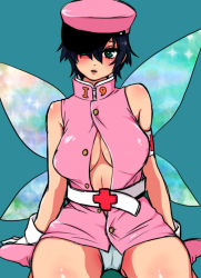 Rule 34 | 1girl, atlus, bad id, bad pixiv id, bare shoulders, blue eyes, blue hair, blush, breasts, cameltoe, cleavage, cosplay, fairy wings, hair over one eye, hat, large breasts, looking at viewer, majoccoid, matching hair/eyes, nurse, open mouth, persona, persona 2, persona 4, pink theme, shirogane naoto, short hair, sitting, solo, thighs, trish (persona), trish (persona) (cosplay), wavy hair, wings