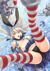 Rule 34 | &gt; &lt;, 10s, 1girl, animal ears, bad id, bad pixiv id, black panties, blonde hair, breasts, brown eyes, cannon, closed eyes, elbow gloves, fake animal ears, fang, gloves, hair ribbon, highres, kantai collection, legs, long hair, midriff, navel, open mouth, panties, rabbit ears, re lucy, revision, ribbon, school uniform, serafuku, shimakaze (kancolle), shirt, skindentation, skirt, small breasts, solo, spread legs, striped clothes, striped thighhighs, thighhighs, thighs, underboob, underwear