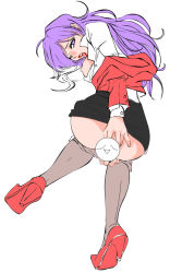 Rule 34 | 1girl, back-seamed legwear, censored, clothes pull, from behind, high heels, novelty censor, one eye closed, pantyhose, pantyhose pull, purple eyes, purple hair, seamed legwear, shoes, solo, white background, wink
