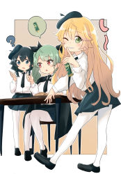 Rule 34 | 3girls, ?, anchovy (girls und panzer), anzio school uniform, barashiya, black border, black cape, black eyes, black footwear, black hair, black neckwear, black skirt, blonde hair, border, braid, brown background, can, cape, carpaccio (girls und panzer), chair, commentary, dress shirt, drill hair, drink can, finger to mouth, food, from side, girls und panzer, green eyes, green hair, grin, heel up, highres, holding, holding can, leaning forward, light frown, loafers, long hair, long sleeves, looking at another, looking at viewer, looking back, miniskirt, multiple girls, necktie, one eye closed, open mouth, outline, outside border, pantyhose, pasta, pepperoni (girls und panzer), pleated skirt, red eyes, school uniform, shirt, shoes, short hair, shushing, side braid, sitting, skirt, smile, soda can, speech bubble, standing, table, twin drills, twintails, white legwear, white outline, white shirt, wing collar