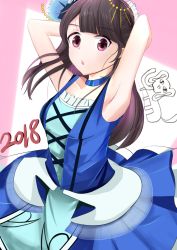 Rule 34 | 1girl, 2018, aida rikako, armpits, bad id, bad pixiv id, birthday, blue dress, blunt bangs, brown hair, commentary request, dleung, drawing, dress, elephant, hair ornament, highres, long hair, looking at viewer, love live!, love live! sunshine!!, purple eyes, real life, solo, voice actor, water blue new world
