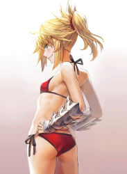 Rule 34 | 1girl, absurdres, ass, back, bikini, blonde hair, blush, braid, breasts, fate/grand order, fate (series), french braid, gauntlets, gradient background, green eyes, grin, hair ornament, hair scrunchie, halterneck, hands on own hips, highres, long hair, mordred (fate), mordred (fate) (all), mordred (fate/apocrypha), mordred (swimsuit rider) (fate), mordred (swimsuit rider) (first ascension) (fate), ponytail, red bikini, red scrunchie, scrunchie, sideboob, sidelocks, small breasts, smile, solo, string bikini, swimsuit, thighs, tonee