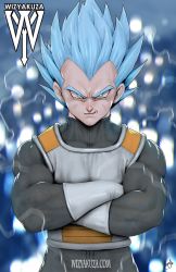 Rule 34 | 10s, 1boy, armor, artist name, blue eyes, blue hair, ceasar ian muyuela, crossed arms, dragon ball, dragon ball super, electricity, gloves, male focus, manly, muscular, signature, smile, solo, spiked hair, super saiyan, super saiyan blue, turtleneck, vegeta, watermark, web address, white gloves, widow&#039;s peak