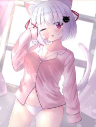 Rule 34 | 1girl, animal ear fluff, animal ears, ashitaba kemo, bandaid, bandaid on cheek, bandaid on face, blush, breasts, cat ears, cat girl, cat hair ornament, cat tail, cleavage, collared shirt, commentary request, curtains, dress shirt, fang, groin, hair ornament, hair ribbon, hairclip, head tilt, highres, indoors, long sleeves, medium breasts, navel, no pants, one eye closed, original, pajamas, panties, parted lips, pink shirt, purple eyes, red ribbon, ribbon, shirt, sleeves past wrists, solo, tail, tail raised, tears, underwear, white hair, white panties, window, x hair ornament