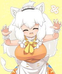 Rule 34 | 1girl, :d, animal ear fluff, animal ears, apron, blush, bow, bowtie, breasts, claw pose, closed eyes, commentary request, cowboy shot, dress, highres, kemono friends, large breasts, lets0020, lion ears, lion girl, lion tail, long hair, maid headdress, medium bangs, numbered, open mouth, orange dress, sidelocks, simple background, sleeveless, sleeveless dress, smile, solo, tail, teeth, upper teeth only, very long hair, waist apron, white apron, white hair, white lion (kemono friends), white nails, wrist cuffs, yellow background, yellow bow, yellow bowtie