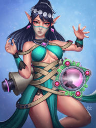 Rule 34 | 1girl, bare shoulders, black hair, breasts, cleavage, cowboy shot, earrings, highres, jewelry, legs, long hair, looking at viewer, paladins, pointy ears, ponytail, realistic, sciamano240, signature, solo, underboob, yellow eyes, ying (paladins)