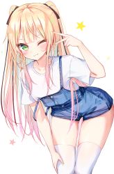 Rule 34 | 1girl, ;3, absurdres, arm up, beliatan, black ribbon, blonde hair, blue overalls, blush, closed mouth, collarbone, commentary, duck face, gradient hair, green nails, hair ribbon, hand on own thigh, highres, leaning forward, long hair, looking at viewer, mole, mole on neck, multicolored hair, nail polish, one eye closed, original, overall shorts, overalls, pink hair, ribbon, shirt, short sleeves, simple background, solo, star (symbol), strap slip, thighhighs, two side up, v, very long hair, white background, white shirt, white thighhighs