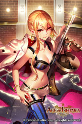 Rule 34 | 1girl, age of ishtaria, bangle, blonde hair, bra, bracelet, breasts, cleavage, copyright notice, garter straps, gun, jewelry, looking at viewer, miniskirt, navel, official art, ojyou, red eyes, removing jacket, short hair with long locks, skirt, solo, thighhighs, underwear, weapon