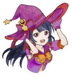Rule 34 | 10s, 1girl, blue hair, bow, bowtie, detached sleeves, halloween costume, hands on headwear, hat, hat ribbon, highres, jack-o&#039;-lantern, long hair, looking at viewer, love live!, love live! sunshine!!, open mouth, puffy short sleeves, puffy sleeves, purple eyes, reisth, ribbon, short sleeves, simple background, solo, tsushima yoshiko, upper body, white background, witch hat