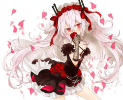 Rule 34 | 1girl, azur lane, bad id, bad pixiv id, bare shoulders, black dress, blush, bow, commentary request, covered mouth, criss-cross halter, dress, elbow gloves, flower, flower over mouth, gloves, hair between eyes, hair bow, hair flower, hair ornament, halterneck, head tilt, heart, holding, holding flower, lace, lace gloves, long hair, looking at viewer, masunosushi, petals, red bow, red eyes, red flower, red rose, rose, short dress, sidelocks, silver hair, simple background, solo, twintails, vampire (azur lane), vampire (eloi&#039;s blessing) (azur lane), veil, very long hair, white background