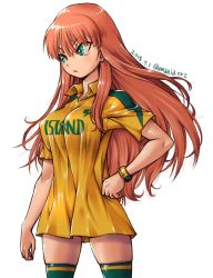 Rule 34 | 1girl, amania orz, bracelet, breasts, cowboy shot, green eyes, inazuma eleven ares no tenbin, jewelry, large breasts, long hair, mikado anna, orange hair, short sleeves, solo, thighhighs