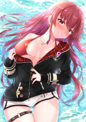Rule 34 | 1girl, absurdres, anchor print, arrow through heart, badge, bikini, bikini top only, black jacket, blush, breasts, button badge, dolphin shorts, earrings, hair down, heart, heart earrings, heart necklace, heckler kai, highres, hololive, houshou marine, houshou marine (summer), jacket, jewelry, large breasts, long hair, looking at viewer, lying, necklace, o-ring, o-ring thigh strap, official alternate costume, on back, open clothes, open jacket, parted lips, plaid, red eyes, red hair, shorts, smile, solo, straight hair, swimsuit, thigh gap, thigh strap, unzipping, very long hair, virtual youtuber, water, wet, wet clothes, wet hair