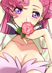Rule 34 | 1girl, blush, breasts, cleavage, close-up, closed mouth, code geass, collarbone, creayus, dress, euphemia li britannia, flower, hand up, holding, holding flower, large breasts, long hair, looking at viewer, open clothes, open dress, pink background, pink flower, pink hair, pink rose, purple eyes, rose, simple background, smile, solo