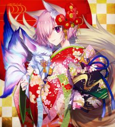 Rule 34 | 1girl, :3, alternate costume, animal ears, bad id, bad pixiv id, checkered background, closed mouth, cowboy shot, creature, fate/grand order, fate (series), floral print, flower, fou (fate), fox ears, fox tail, hair flower, hair ornament, hair over one eye, japanese clothes, kemonomimi mode, kimono, light purple hair, looking at viewer, mash kyrielight, obi, print kimono, purple eyes, sakurai (poyo), sash, short hair, smile, tail