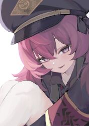 Rule 34 | 1girl, absurdres, armband, black hat, black jacket, black shirt, blue archive, blush, close-up, collared shirt, commentary request, hair between eyes, hat, highres, hugging own legs, iroha (blue archive), jacket, knees up, light blush, long hair, looking at viewer, military hat, parted lips, raised eyebrows, red armband, red eyes, red hair, revision, shirt, simple background, slit pupils, smile, solo, wavy hair, white background, yagiusagi