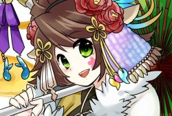 Rule 34 | 1girl, :d, animal ears, antlers, bad id, bad pixiv id, blush, brown hair, coat, deer ears, flower, fur trim, green eyes, hair flower, hair ornament, hair up, hairband, holding, holding umbrella, horn ornament, horn ribbon, horn ring, horns, japanese clothes, kano (p&amp;d), kimono, long hair, looking at viewer, magatama, oil-paper umbrella, open mouth, puzzle &amp; dragons, ribbon, smile, solo, umbrella, upper body, yamanashi taiki