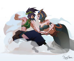 Rule 34 | 2girls, akali, bare arms, bare shoulders, black hair, black pants, breasts, cassiopeia (league of legends), cleavage, crop top, detached sleeves, from side, green hairband, grin, hairband, lamia, large breasts, league of legends, mask, medium breasts, midriff, monster girl, mouth mask, multiple girls, navel, pants, puffy pants, red lips, sharp teeth, short sleeves, smile, smoke, teeth, toeless footwear, white background, xingchen (xingchen0329)