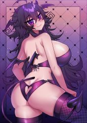 Rule 34 | 1girl, ahoge, alternate costume, ass, bikini, breasts, clothing cutout, crawling dreams, curvy, demon girl, demon tail, demon wings, fang, fishnet thighhighs, fishnets, head wings, heart cutout, highres, horns, huge breasts, looking at viewer, looking back, nyarla (osiimi), osiimi, purple bikini, purple eyes, purple hair, purple thighhighs, purple wings, revealing clothes, skin fang, swimsuit, tail, thick thighs, thighhighs, thighs, wings