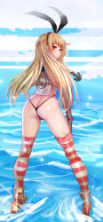 Rule 34 | 10s, 1girl, anchor hair ornament, ass, black panties, blonde hair, bow (bhp), brown eyes, elbow gloves, from behind, full body, gloves, hair ornament, hairband, highleg, highleg panties, highres, kantai collection, looking back, no pants, panties, redrawn, revision, shimakaze (kancolle), solo, standing, standing on liquid, striped clothes, striped thighhighs, thighhighs, thong, underwear, water