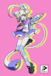 Rule 34 | 1girl, :d, absurdres, ahoge, animal ear fluff, animal ears, artist name, blonde hair, blue eyes, clothes lift, commentary request, crotch plate, drop shadow, elbow gloves, fang, full body, gloves, gradient eyes, gun, highres, holding, holding gun, holding weapon, leg up, magical girl, midriff, multicolored eyes, nyamofe, one side up, open mouth, original, pink background, purple eyes, sailor collar, shirt, simple background, skirt, skirt lift, smile, standing, standing on one leg, thighhighs, uniform, weapon, white shirt
