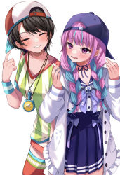 Rule 34 | 2girls, backwards hat, baseball cap, black hair, blue bow, blue bowtie, blue hair, blue ribbon, blue sailor collar, blue skirt, blush, bow, bowtie, braid, choker, closed eyes, grin, hair over shoulder, hat, highres, hololive, jacket, long sleeves, minato aqua, minato aqua (sailor), moonbell, multicolored hair, multiple girls, oozora subaru, oozora subaru (1st costume), open clothes, open jacket, pink eyes, pink hair, pleated skirt, red legwear, ribbon, ribbon choker, sailor collar, shirt, short sleeves, simple background, skirt, smile, stopwatch, stopwatch around neck, striped clothes, striped shirt, thighhighs, twin braids, twintails, two-tone hair, vertical-striped clothes, vertical-striped shirt, virtual youtuber, watch, whistle, whistle around neck, white background, white jacket, wristband