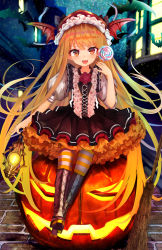 Rule 34 | 1girl, :d, animal, bad id, bad pixiv id, bamboo broom, bat (animal), bat wings, blonde hair, blurry, blurry background, boots, bow, broom, brown bow, brown footwear, brown skirt, brown vest, building, candy, commentary request, cross-laced footwear, depth of field, fang, fingernails, flower, food, frills, full body, glowing, granblue fantasy, halloween, hand up, head tilt, head wings, high heel boots, high heels, highres, holding, holding candy, holding food, holding lantern, holding lollipop, jack-o&#039;-lantern, lace-up boots, lantern, lollipop, long hair, marisayaka, nail polish, night, open mouth, outdoors, pantyhose, pleated skirt, pointy ears, puffy short sleeves, puffy sleeves, red eyes, red flower, red nails, red rose, red wings, rose, shingeki no bahamut, shirt, short sleeves, sitting, skirt, smile, solo, striped clothes, striped pantyhose, swirl lollipop, vampy, very long hair, vest, white shirt, window, wings