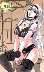 Rule 34 | 1girl, archvermin, black thighhighs, bra, breasts, choker, cleavage, eyelashes, female focus, garter belt, garter straps, hairband, happy, idolmaster, idolmaster (classic), lace, lace-trimmed legwear, lace trim, lingerie, long hair, looking at viewer, non-web source, panties, red eyes, shijou takane, silver hair, sitting, sketch, smile, solo, stool, striped bra, striped clothes, striped panties, thighhighs, underwear, underwear only, v arms, vertical stripes