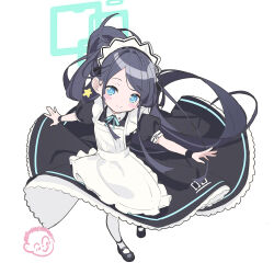 Rule 34 | 1girl, aiee, apron, aqua eyes, aqua ribbon, aris (blue archive), aris (maid) (blue archive), doodle sensei (blue archive), black footwear, black hair, blue archive, blush stickers, commentary, dress, frilled apron, frilled dress, frilled headwear, frills, halo, highres, long hair, looking at viewer, maid, maid apron, maid headdress, neck ribbon, official alternate costume, pantyhose, puffy short sleeves, puffy sleeves, ribbon, sensei (blue archive), short sleeves, sidelocks, simple background, symbol-only commentary, white background, white pantyhose